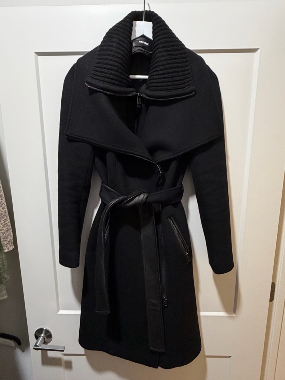 Mackage Black Ribbed-Collar Belted Wool Coat